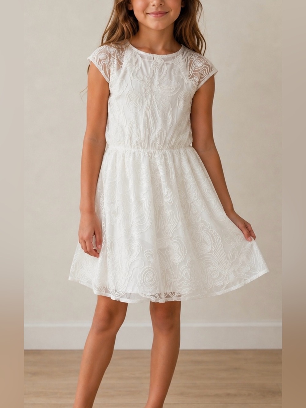 ZARA Girls Ivory Embroidered Mesh Lace Dress Size 9Y/134 Special Occasion